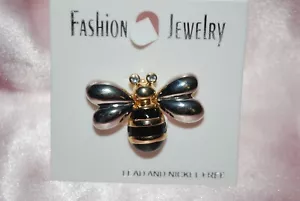 Bumblebee Pin Springy Wings Shiny Retro Gold Silver Black Bee Honey Crystals - Picture 1 of 2