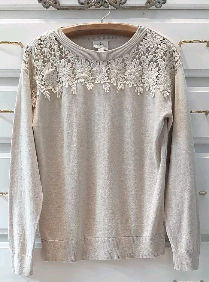 St John's Bay PM Crew Pullover Sweater Floral Lace Crochet Knit Heather Oatmeal - Image 1 of 4