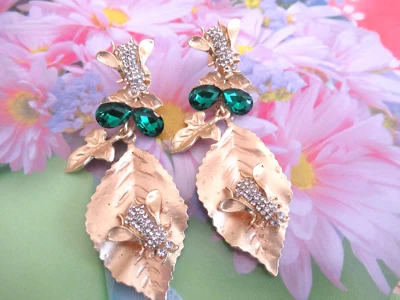 HOJA DE ORO PIEDRA PRECIOSA VERDE Abeja Abeja CRISTAL TRANSPARENTE Cuelga Gota PIERCED NUEVO Foto 1 de 4