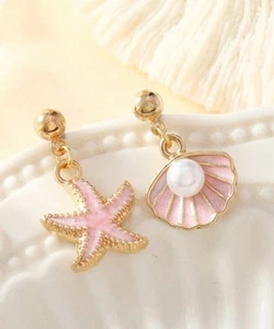 Mismatch Gold & Pink Starfish & Shell With Pearl Earrings - Summer Jewellery - Picture 1 of 3