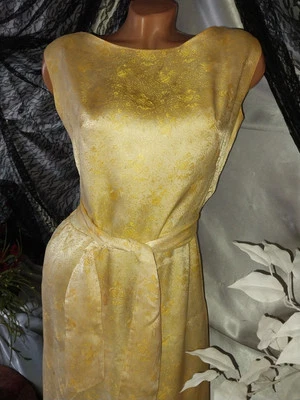 VTG 30S 40S SILK GOLD POTS BROCADE JACQUARD DEMASK MAXI SHEATH DRESS 14 B36/38 - Image 1 of 4