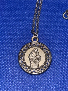 Silver Tone Metal Saint Joseph Catholic Wreath Vintage Medal Pendant 20” Chain - Picture 1 of 4