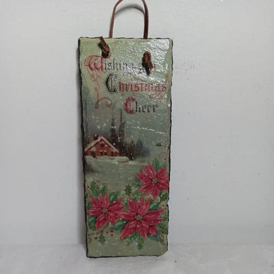 Vintage Painted Slate Wall Hanging " Wishing You Christmas Cheer" Winter Scene  - Image 1 of 4