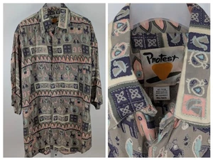 Vintage 80s 90s Folk Art Ethnic AOP Rayon Art Geometric Graphic Shirt L Oversize - Picture 1 of 7