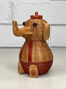 VTG Woven Wicker Rattan Small Elephant Storage Basket Overalls & Hat Adorable! - Picture 1 of 11