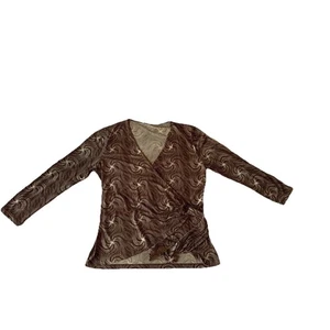 Nine West Brown Patterned Wrap Blouse Long Sleeve Tie Waist Top Large - Picture 1 of 10