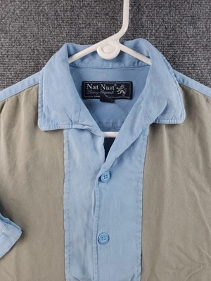 Nat Nast маленький в полоску шелк коротким рукавом синий мужчин ретро рубашка на пуговицах для взрослых - Изображение 1 из 4