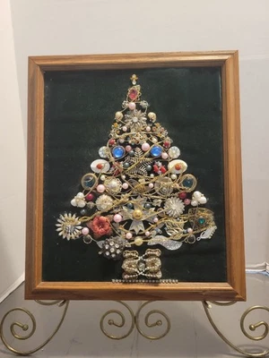 Costume Jewelry Art Collage Vintage Christmas Tree 16"x14" - Image 1 of 4