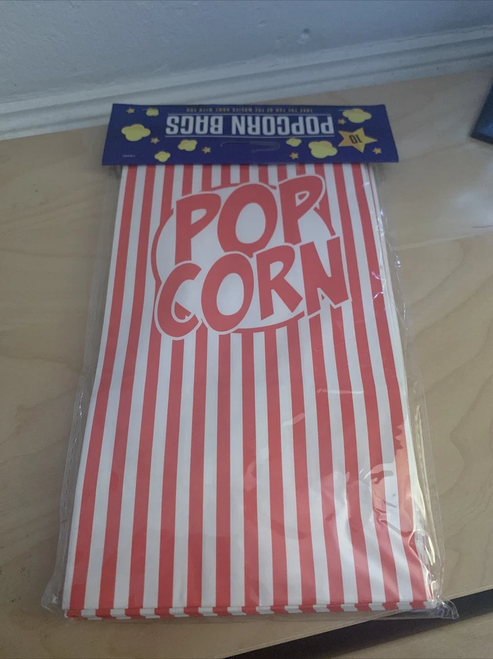 Paquete de 10 bolsas de palomitas de maíz a rayas rojas y blancas - ENVÍO GRATUITO VENDEDOR DEL REINO UNIDO Foto 1 de 1