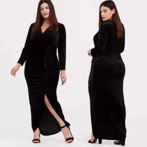 NWT Torrid 22 Black Long Sleeve Velvet High Slit Maxi Dress - Picture 1 of 6
