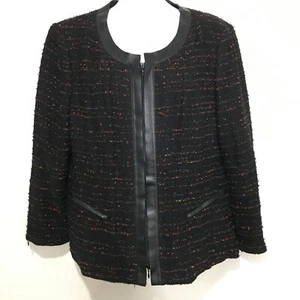Lafayette 148 NY 16 Black Orange Boucle Wool Blend Zip Jacket Leather Trim - Picture 1 of 5