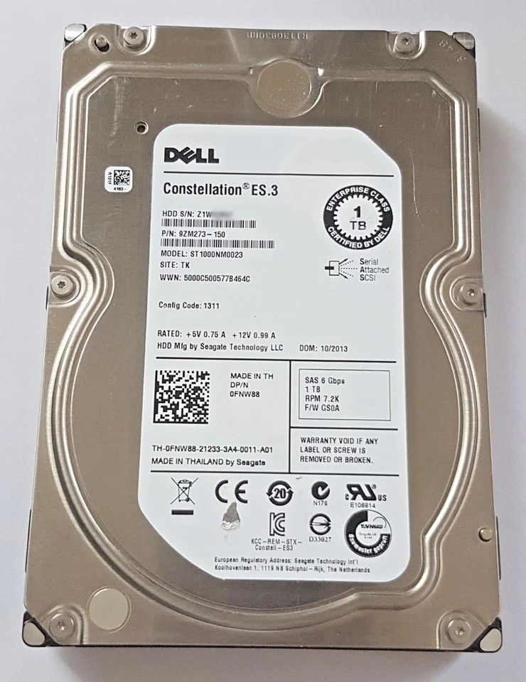 1 SAS Dell Constellation ES.3 ST1000NM0023 7200rpm 128MB HDD 3.5 " Hard Drive - Image 1 of 1