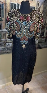 Vestido de cóctel Carina vintage 100 % seda negro corpiño con cuentas pesadas L - Imagen 1 de 7