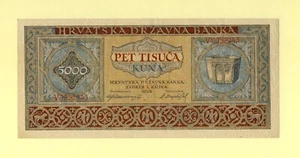 CROATIA KINGDOM, WWII 5000 KUNA 1943 P-13a VF++ GOVERNMENT NOTES - Picture 1 of 2