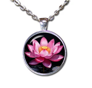 Pink Lotus Flowers Spiritual Zen Harmony Round Glass Pendant Necklace Jewelry - Picture 1 of 10