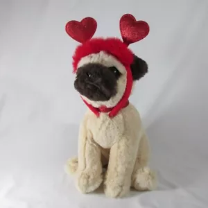 FAO Schwarz Valentines Day Dog Plush Stuffed Animal Pug Puppy Red Heart Headband - Picture 1 of 9