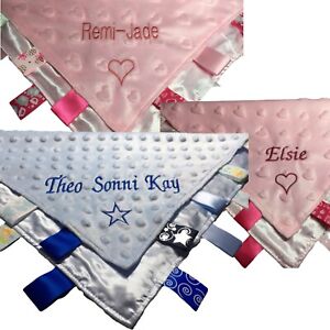 Personalised Baby Taggy Blanket Sensory Toy Comforter Satin Tags Boy Girl Shower