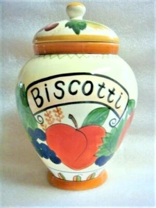Colorful CERAMIC BISCOTTI JAR Hand Painted FRUIT & VEGGIE DESIGN - Picture 1 of 8