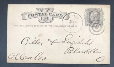 Antique 1877 Lima Ohio to Bluffton Target Fancy Cancel US Postal Card Postcard - Image 1 of 3