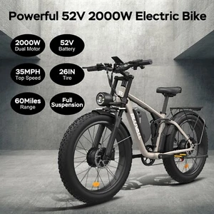 AWD 35MPH 26" Fat Tire E-Bike, 48V/52V 2000W Dual Motor Adults Electric MTB Bike - Picture 1 of 75