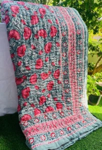 Bohemian Red Floral Cotton Patchwork Bedspread Quilt Block Print Quilt Christmas - Picture 1 of 5
