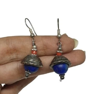 Pendientes colgantes afganos de lapislázuli natural y coral joyería de Oriente Medio vintage Foto 1 de 4