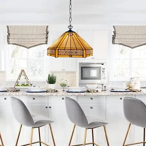 Tiffany 16 inch Hexagon Style Pendant Lamp Multicolour Stained Glass Shade UK - Picture 1 of 15