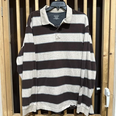 St Johns Bay Polo Shirt Mens XLT Brown Gray Striped Long Sleeve Rugby Cotton - Image 1 of 4
