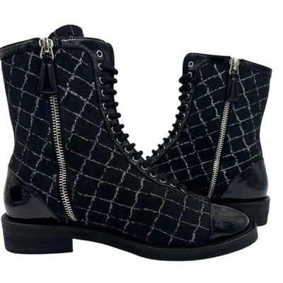 Chanel G36209 Boots Ankle Tweed Black Silver Grey Matelasse 37 C - Image 1 of 4