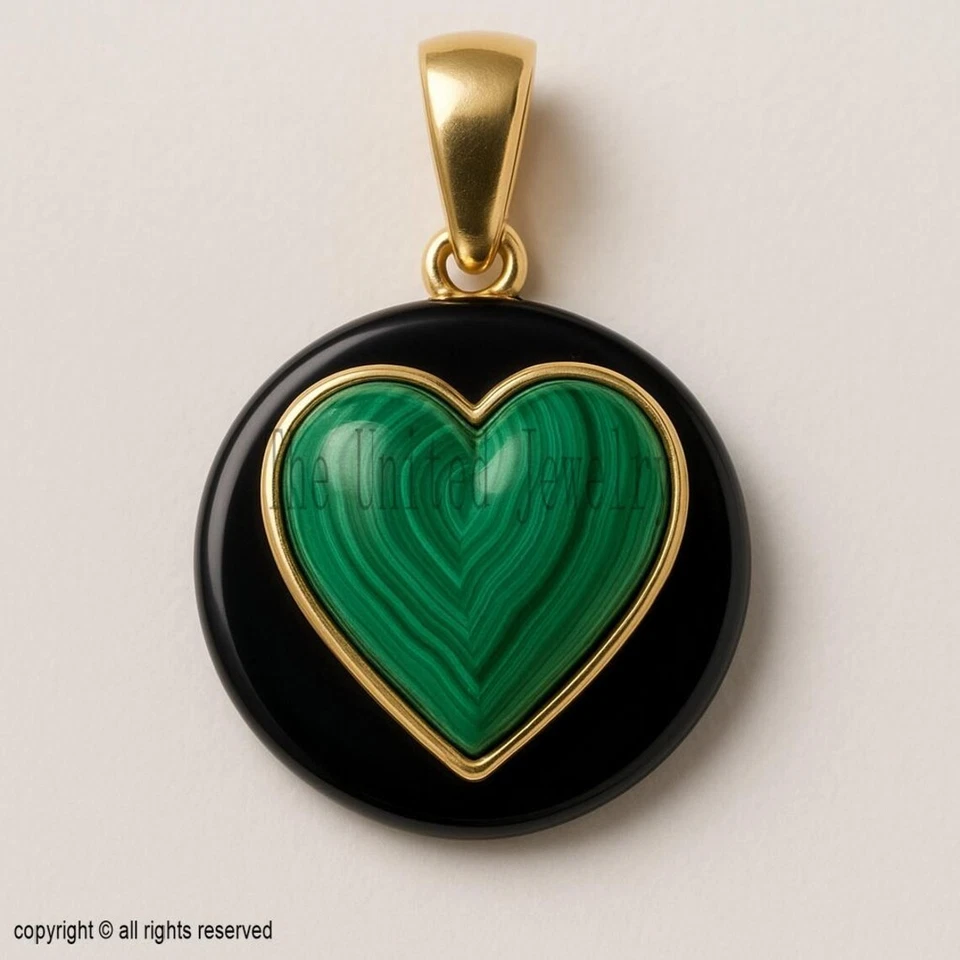 Ciondolo cuore in malachite - argento sterling 925, placcato oro 18 carati... - Immagine 1 di 1
