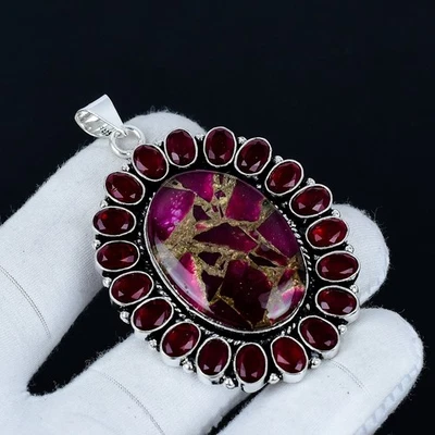 Copper Thulite & Red Ruby Lab Created Stone Pendant 925 Sterling Silver Jewelry - Image 1 of 4