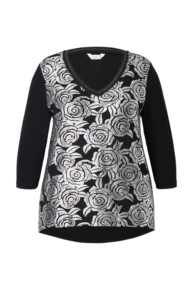 MIAMODA Damen große Größen T Shirt A Linie silbernes Rosenmuster 836032