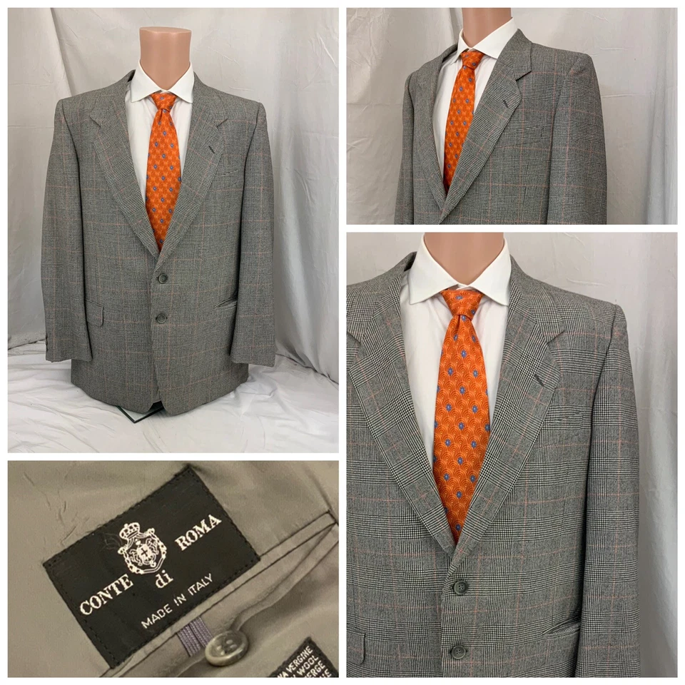 Conte di Roma Blazer 43R 灰色格伦格子羊毛意大利制造 LNWOT YGI T1-165 — 第 1/4 张图片