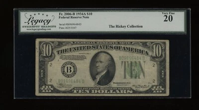 DBR 1934-A $10 FRN New York Fr. 2006-B Legacy VF-20 Serial B09696484D - Image 1 of 2