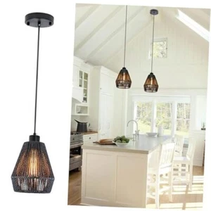Rattan Pendant Light, 6.69" Modern Woven Pendant Light Fixtures, 2 Pack Black - Picture 1 of 8