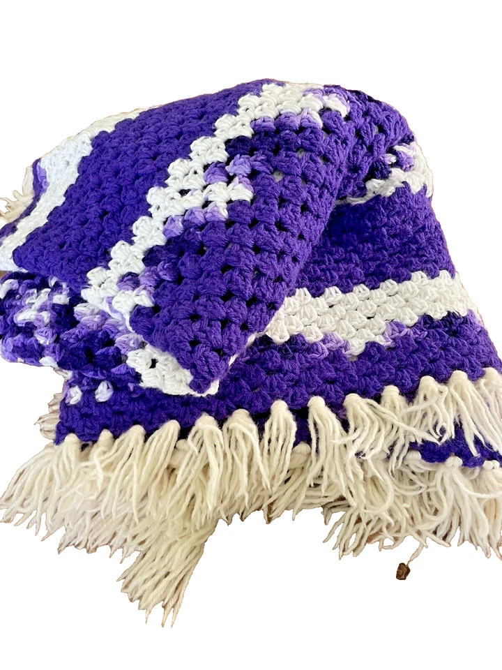 Винтажный шерсти квадратный белый и фиолетовый афганский крючком одеяло ручной работы размер 60 x 60 дюймов - Изображение 1 из 4