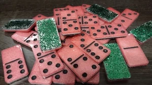 Handmade Double Six Resin Dominoes Sparkling Watermelon Pink & Green w/glitter - Picture 1 of 5
