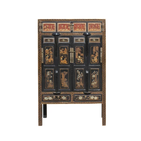 Chinese Black Golden Carving Wood Storage Wardrobe Hutch Cabinet cs5941 Cover