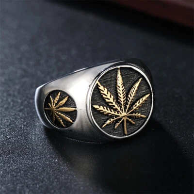 Anillo de acero inoxidable vintage para hombre hierba hoja de cannabis rock hip hop chapado en oro Foto 1 de 4