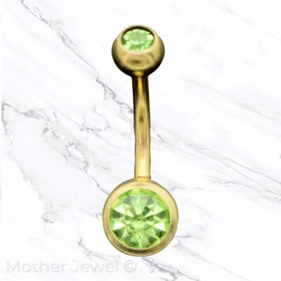 ANILLO OMBLIGO OMBLIGO BARRA CIRCONITA VERDE ACERO QUIRÚRGICO GP ORO AMARILLO 14G Foto 1 de 2