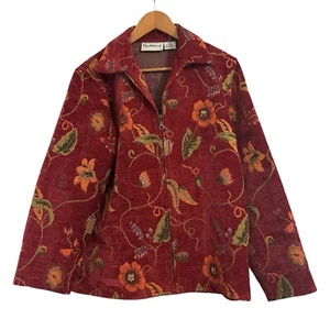 Chaqueta De Colección FLASHBACK Para Mujer Tapiz Floral Cremallera Completa Borgoña Cuentas Boho Mediana - Imagen 1 de 7