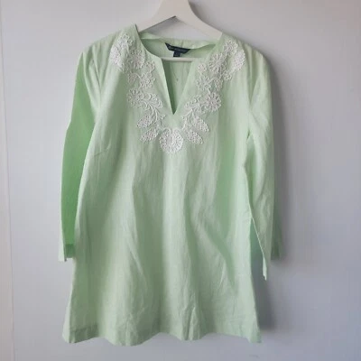 Brooks Brother 女式开衩领上衣 L 码亚麻混纺 3/4 袖刺绣 — 第 1/4 张图片