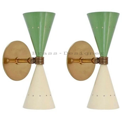 Mid Century Brass Vintage Green Wall lamp Diabolo Italian Cone Stilnovo Sputnik Cover