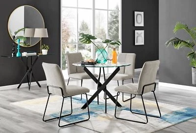 Novara Black Leg Round Glass Dining Table 100cm and 4 Halle Chairs Furniture Set