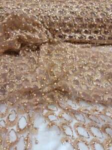 Fabric Sold By The Yard Rose Gold Lace Glitter Sparkle Pearls On Mesh Prom Fabri