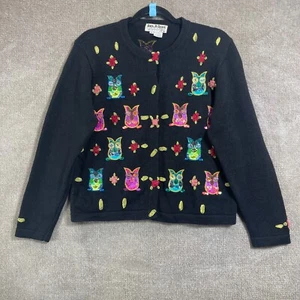 Jack B Quick Sweater Womens Medium Cardigan Owl Sequin Beaded Retro Granny Jewel - Picture 1 of 16