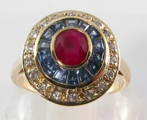 9K 9CT GOLD RUBY SAPPHIRE DIAMOND CLUSTER PAVE SET ART DECO INS TARGET RING Sz O - Picture 1 of 5