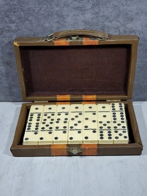 Antique Vintage 28 Piece Brass Pin Domino Set With Suitcase/Sealed Dominos  - Image 1 of 4