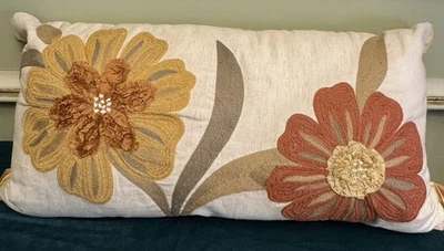 PIER 1 Pillow Rust Gold Embroidered Linen Blend Lumbar Throw Accent Flowers - Image 1 of 4