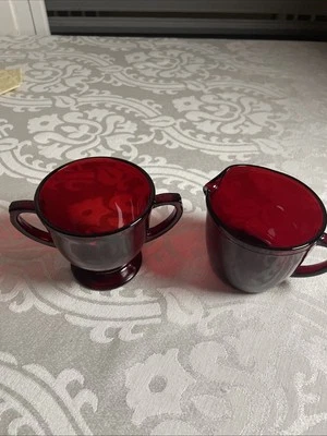 Ruby Red Glass Vintage Creamer and Sugar Bowl with Handles Set  - Image 1 of 3